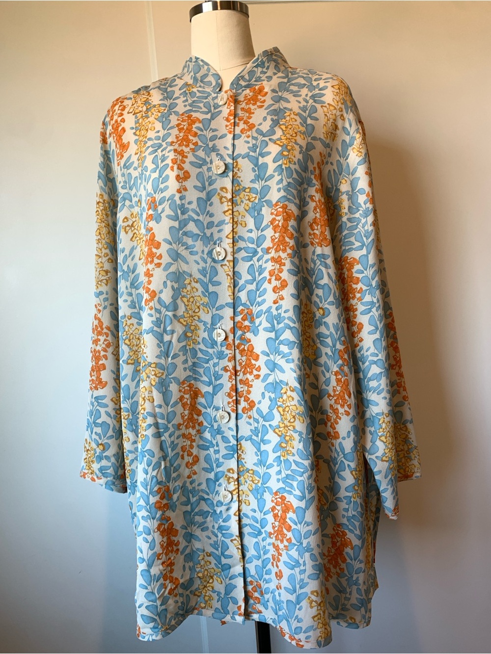 Harari Silk Button-Front Tunic in Light Blue and Orange - Picture 9 of 11